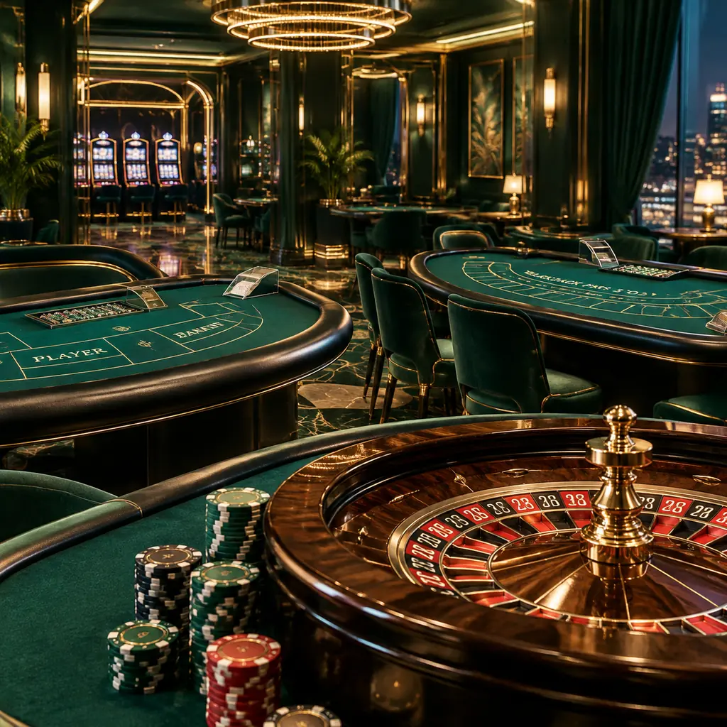 Ruang kasino dengan meja bakarat, blackjack, dan roda roulette