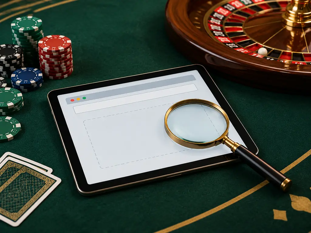 Tablet dan kaca pembesar di samping roda roulette