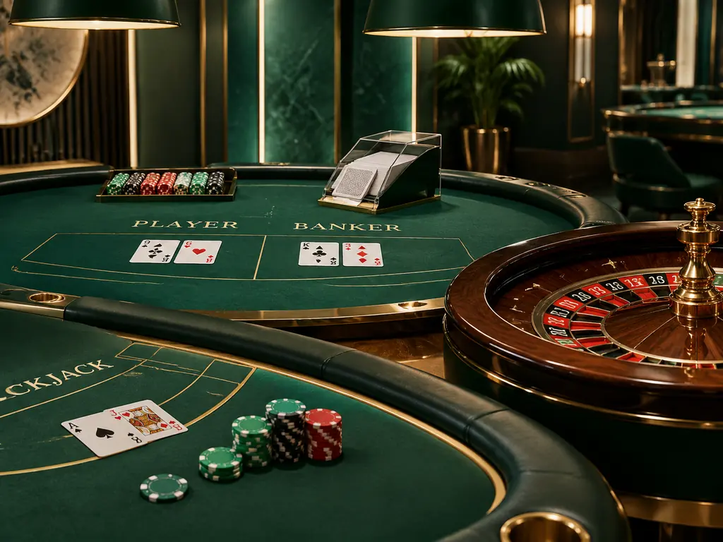 Meja bakarat dengan kartu dan roda roulette di studio kasino