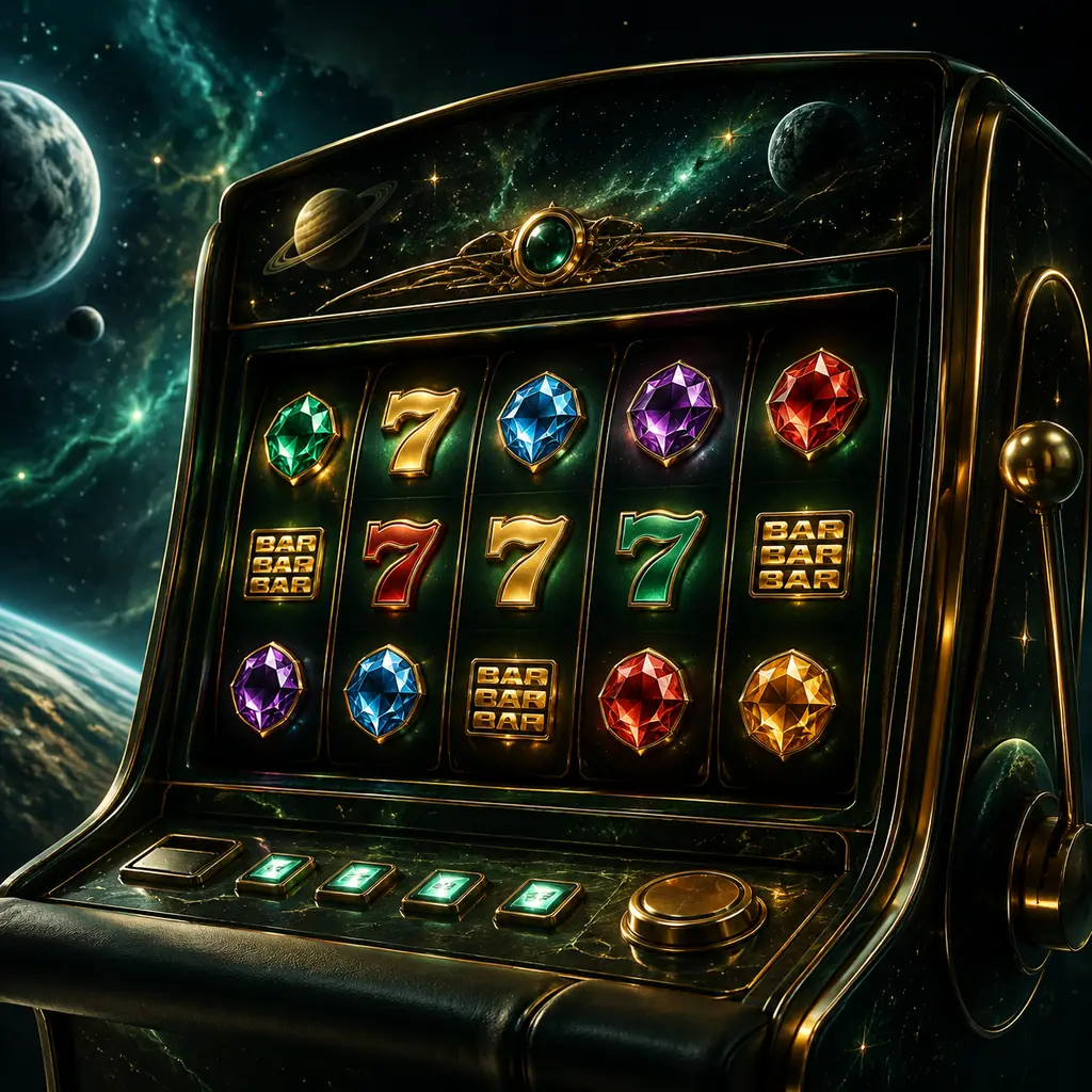 Ilustrasi kabinet slot bertema permata dan ruang angkasa